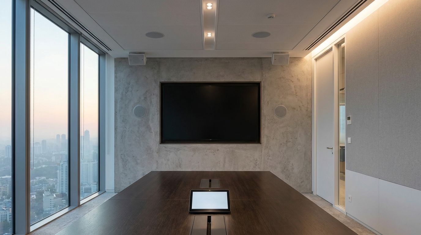 Corporate conference room with wall display, ceiling microphones and speakers, and a table touch control panel