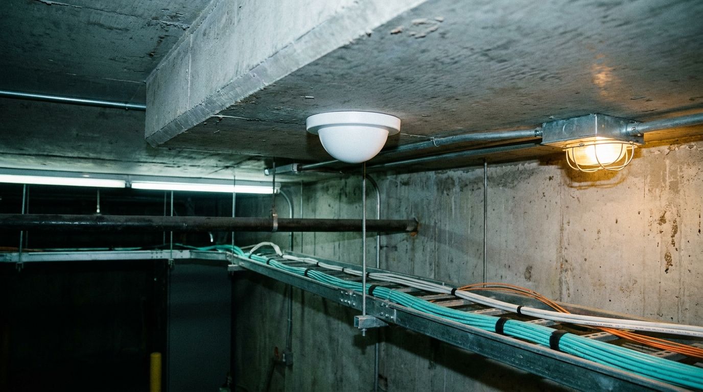 DAS antenna mounted on a concrete ceiling with coaxial cable runs in a tray in a commercial building