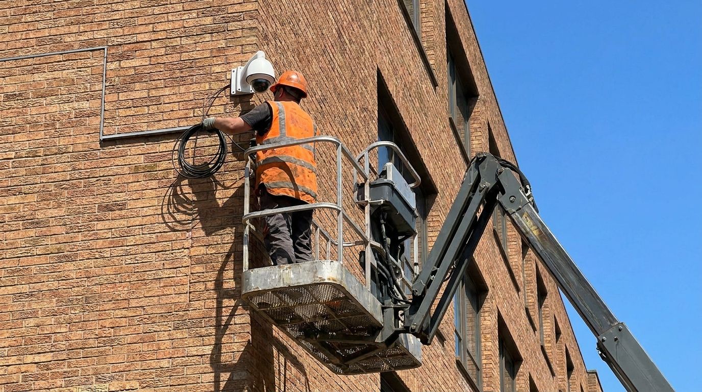 Technician on a lift installing a dome security camera on the exterior of a commercial brick building